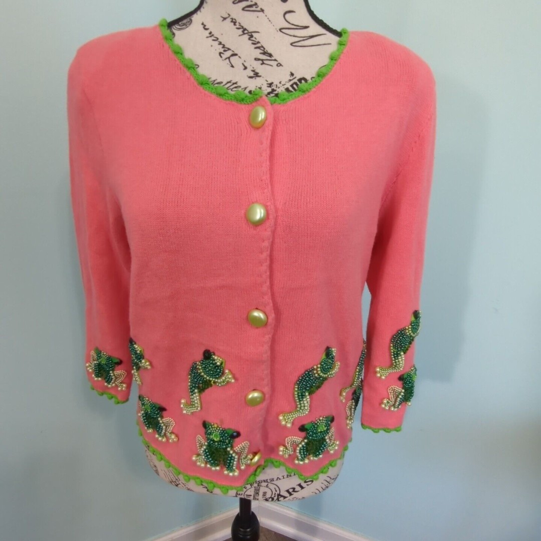 Michael Simon small Pink Feeling Froggy Frog Hopping Beaded Sweater Cardigan