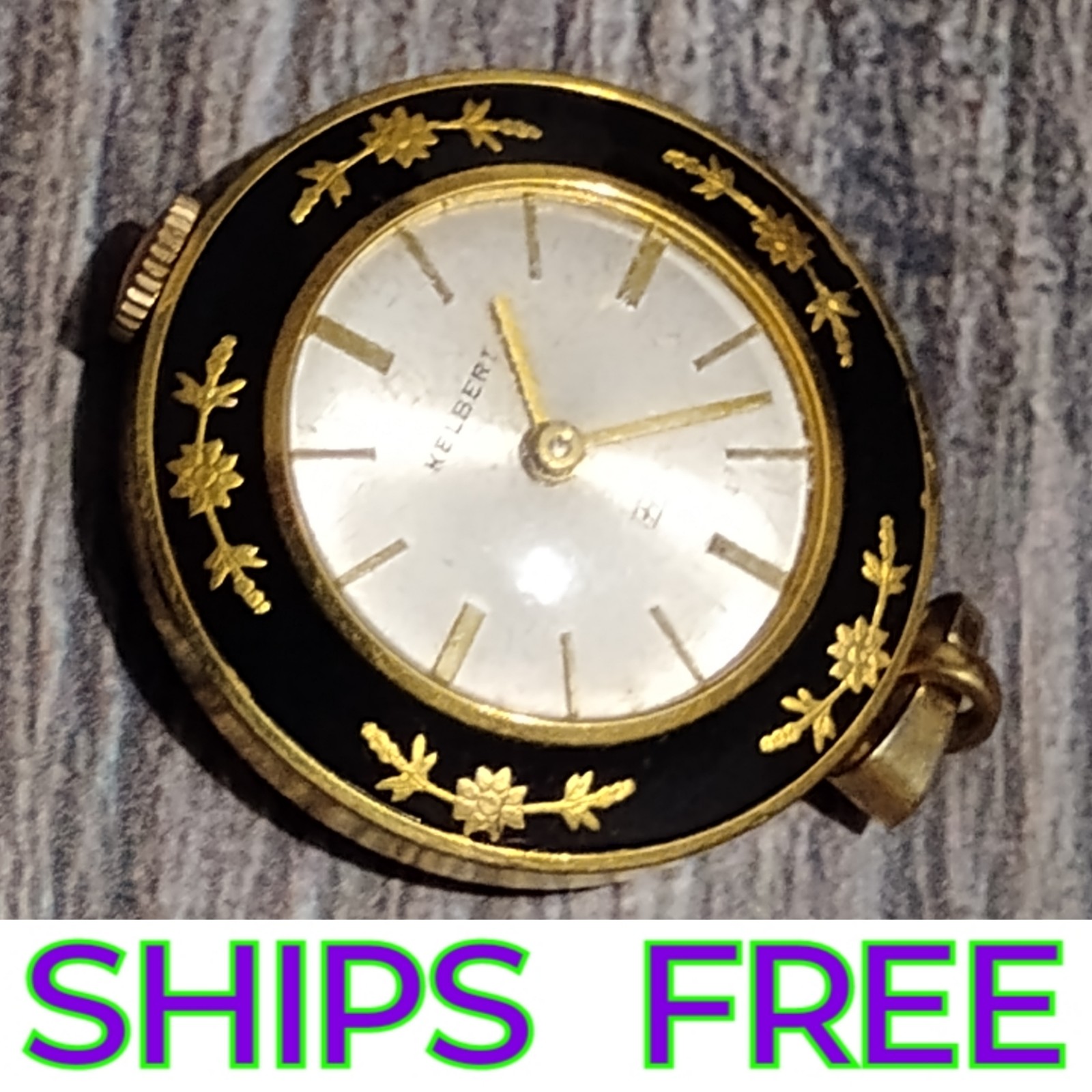 1960s Kelbert Heno Swiss Made 17 Jewel Cobalt Women's Gold Pendant Watch Works.