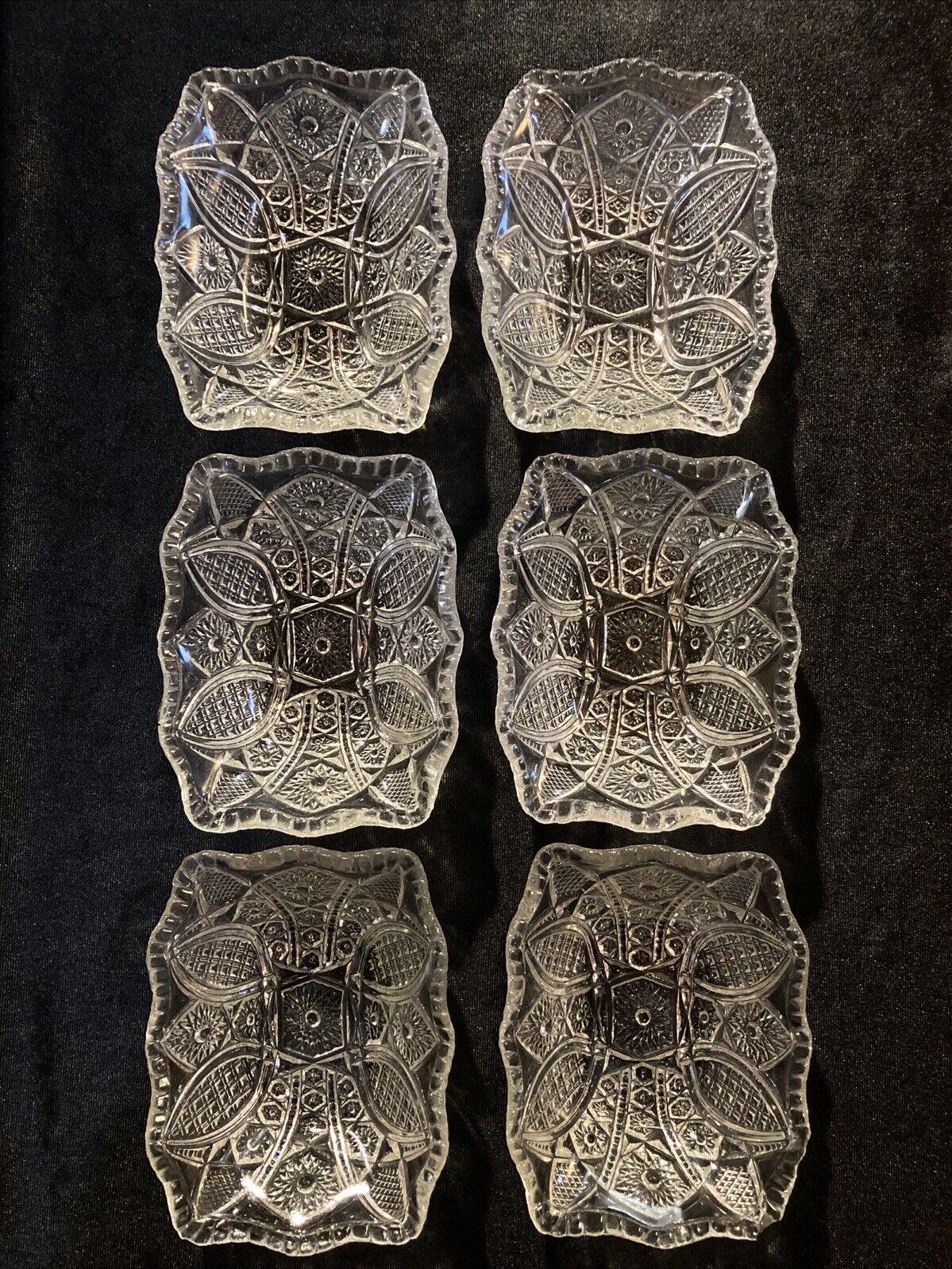 Antique EAPG Indian Glass Daisy and Finecut Clear 5 Rectangle Fruit Bowls - Six