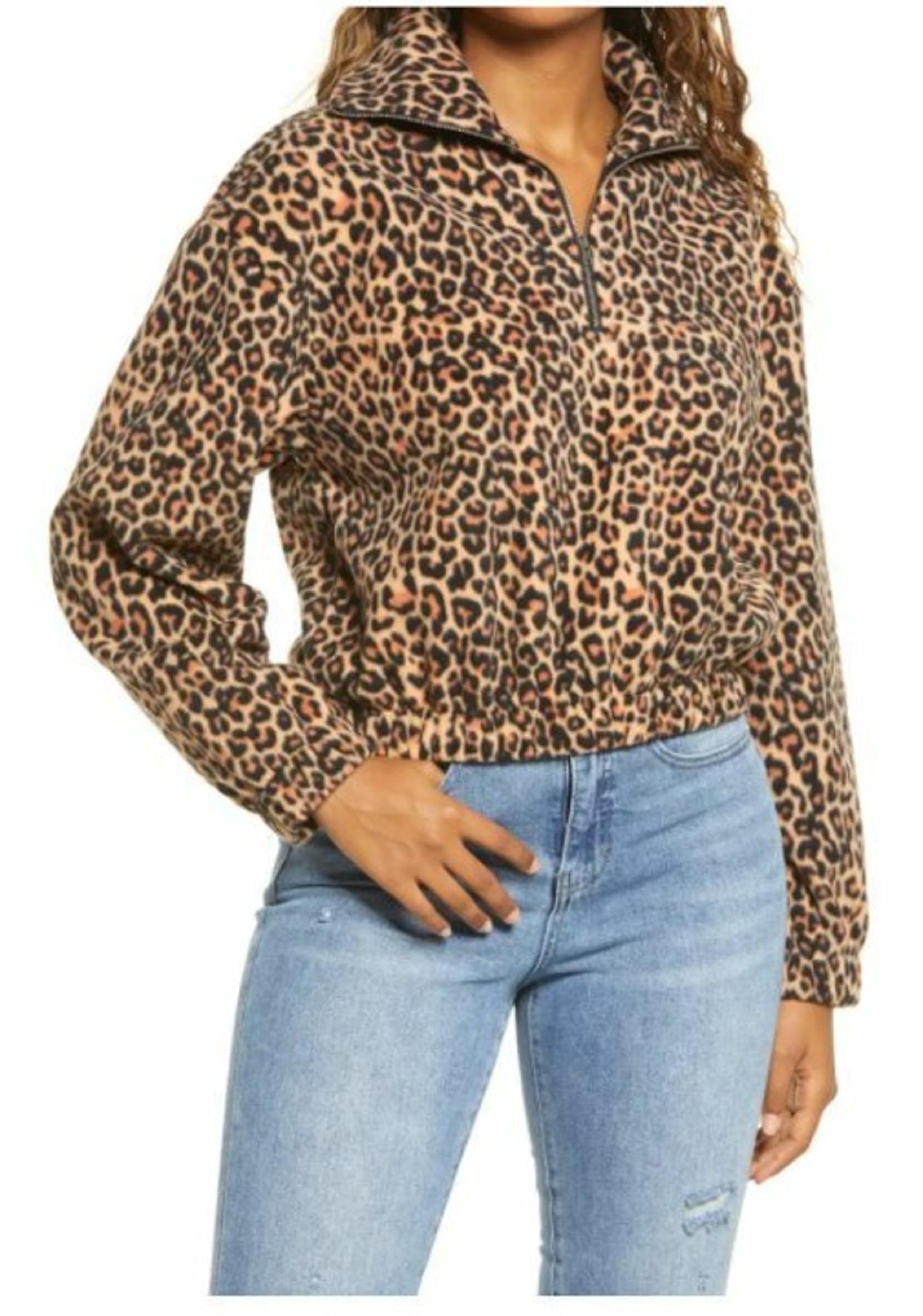 BP. Women's Animal Print Leopard 1/2 Zip Long Sleeve Fleece Pullover Large