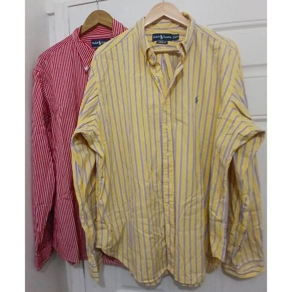 2 lot mens 2xl poplin polo ralph lauren yellow red pin stripe button down shirt