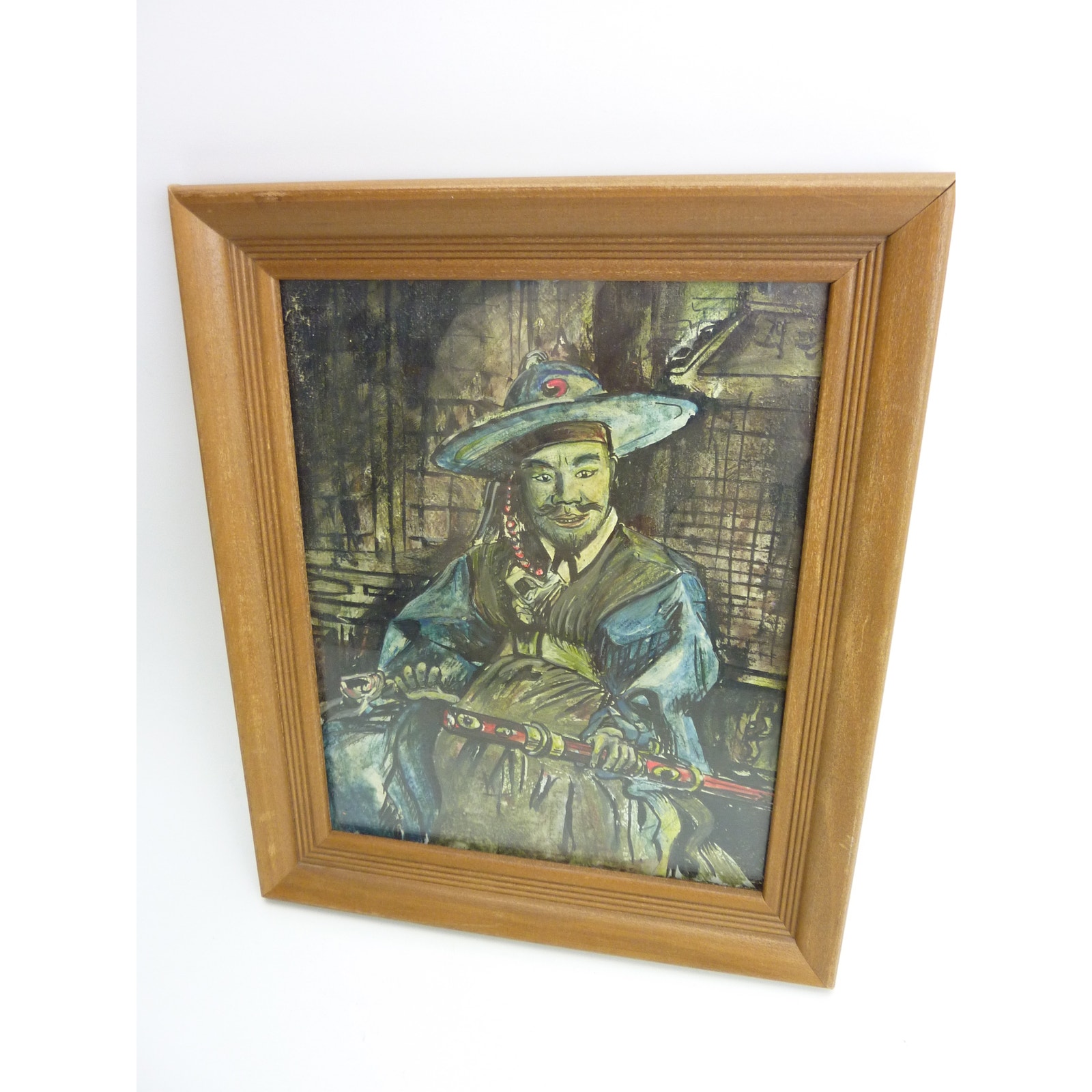 Vintage Oil Painting Art Framed Man Holding Sword Folk Art Korean