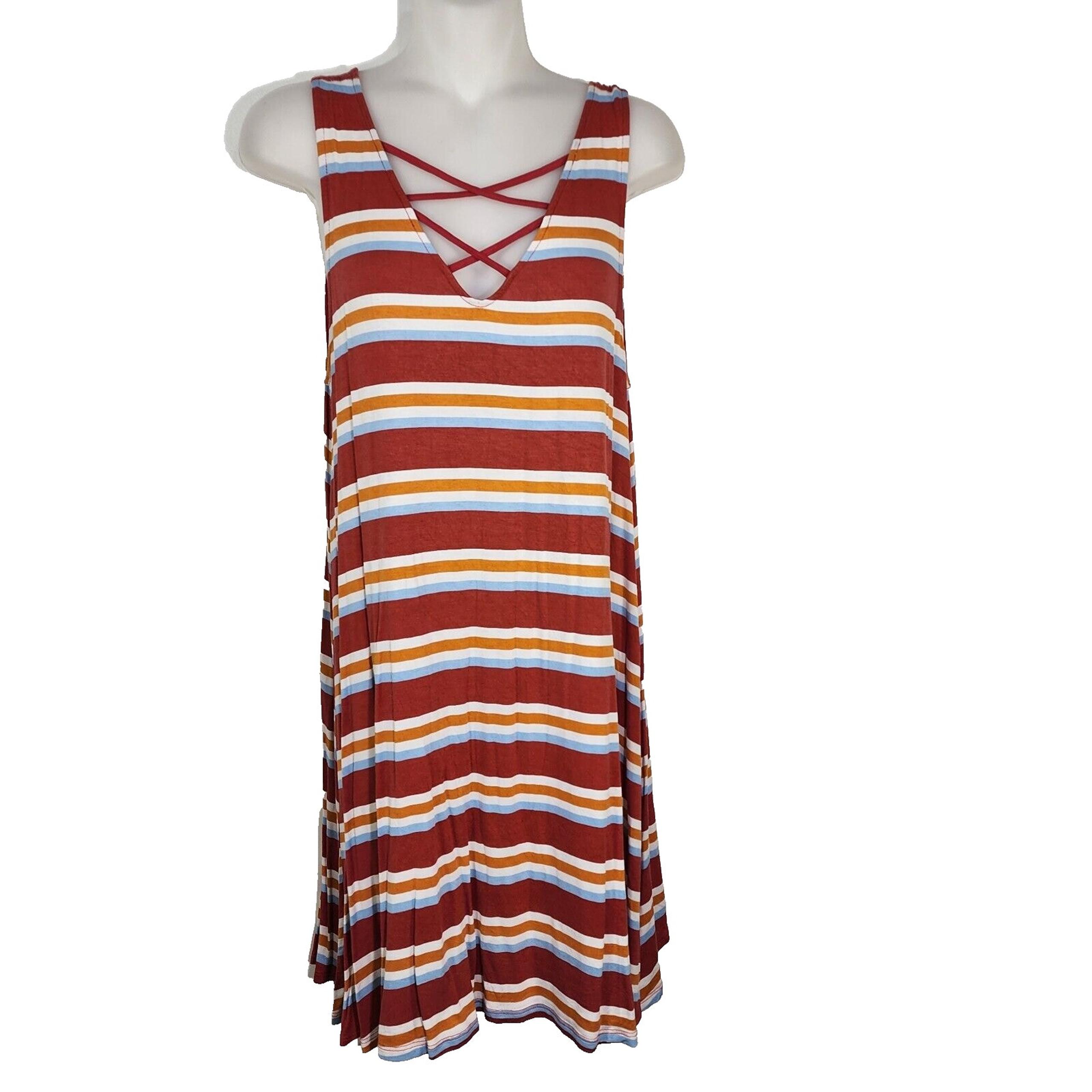 Arizona Jean Co Women Mini Shift Dress Large Striped Sleeveless Criss Cross Knit