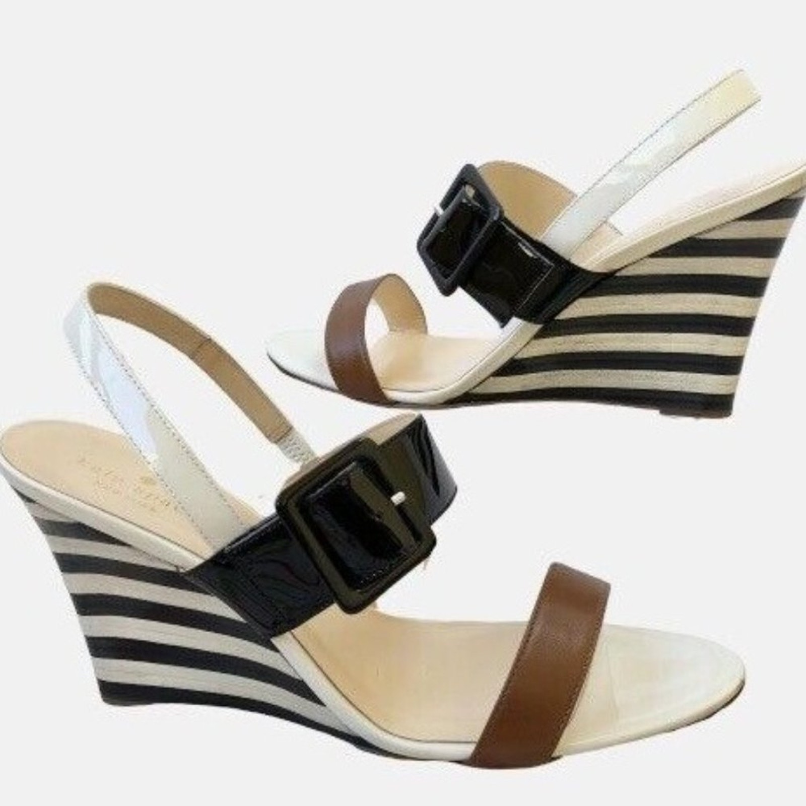 Kate Spade 7.5 M Slingback Wedge Sandal Stripes Classic ISOLA Neutral Old Money