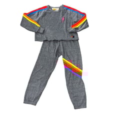 Aviator Nation Heather Grey Crewneck Sweatshirt and Sweatpants Set Neon 5 Stripe