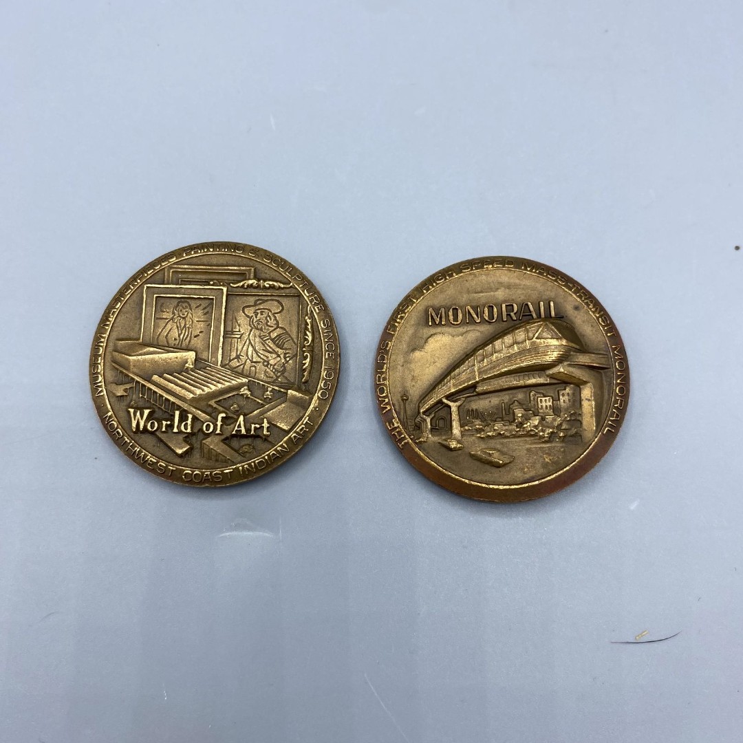 Bundle 2 Seattle 1962 World's Fair Metal Arts Co. Medal Monorail / World Of Arts