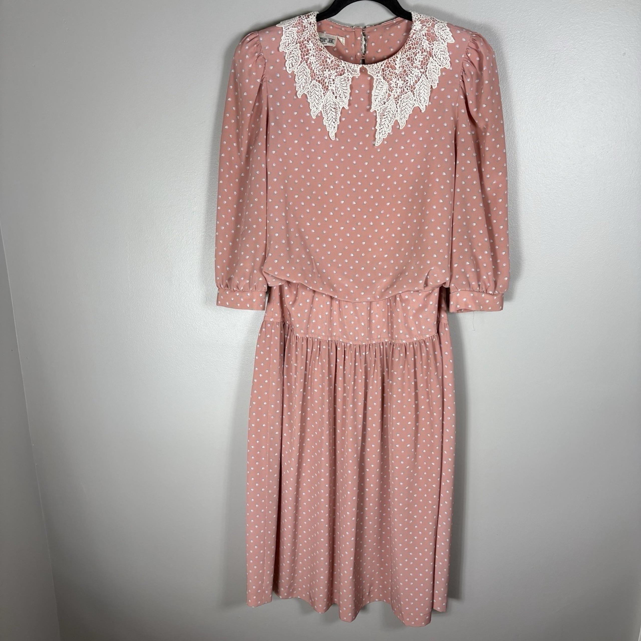 Vintage Act 1 Women's 11/12 Pink Blue Floral Lace Collar 3/4 Sleeve Maxi Dress