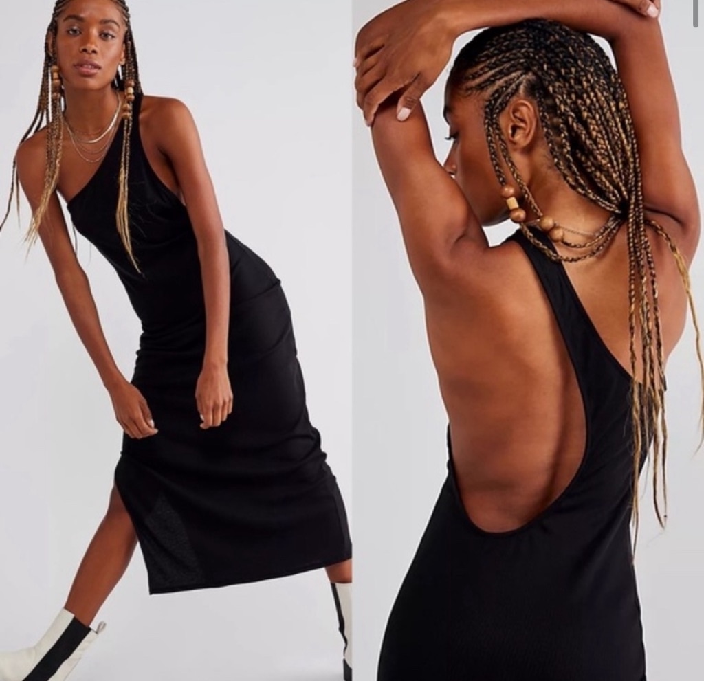 New with Tag Free People Beach Saturday Night One Shoulder Black Midi Dress S