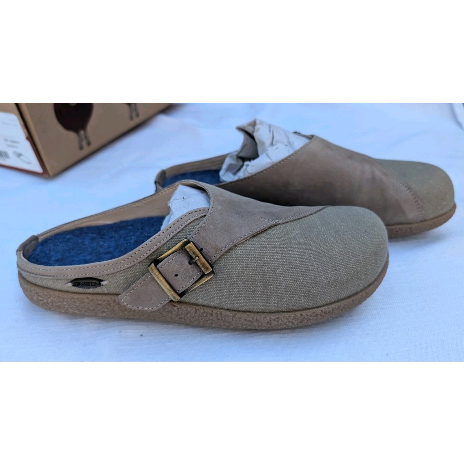 Giesswein Radler Taupe Mules Wool Canvas Buckle Slip On Shoes SZ 39 US 8
