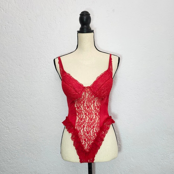 Red lace ruffle bustier bodysuit