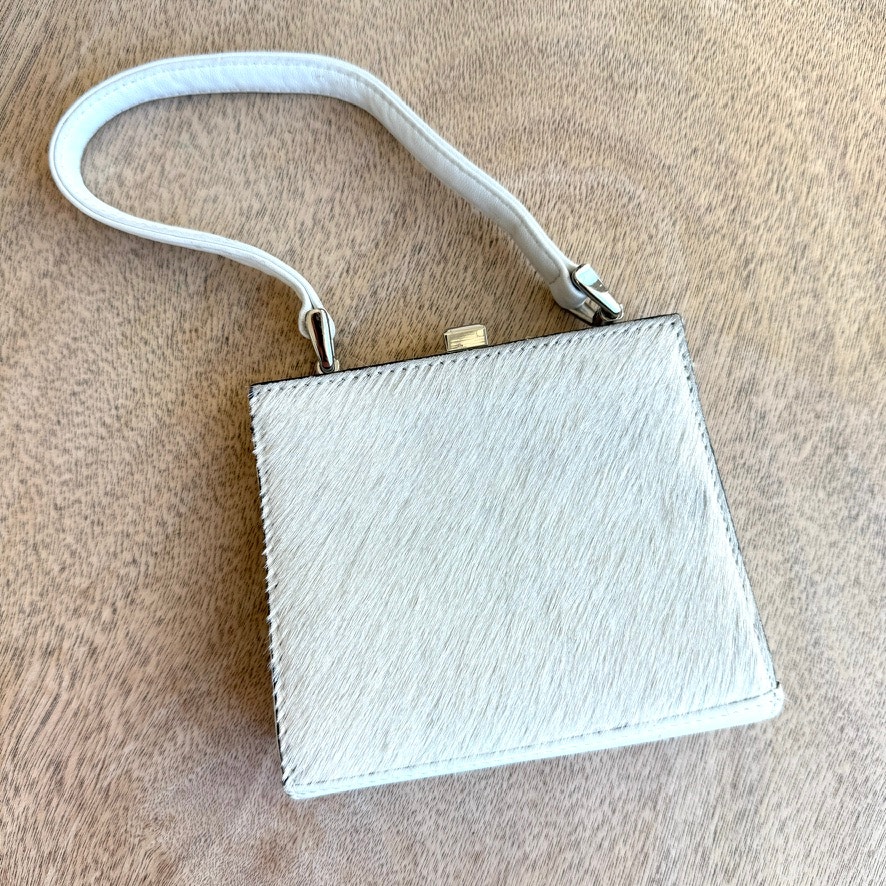 Adrienne Vittadini White Haircalf Leather Top Handle Purse Clutch Evening Bag