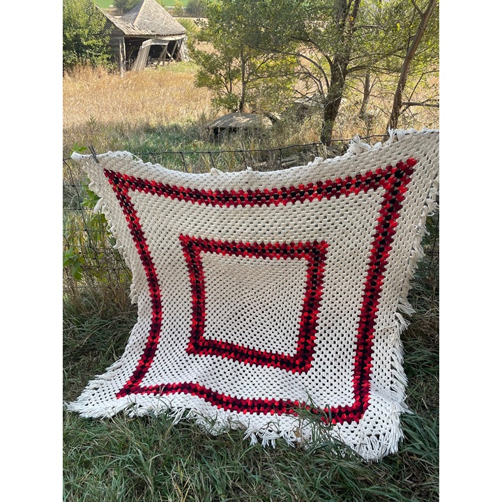 Vintage 1970s Large Granny Square Crochet Fringed Afghan Blanket