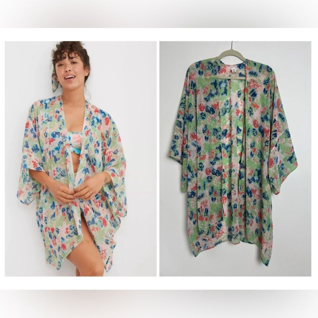 Aerie Womens Cotten Blend Kimono Robe One Size Pastel Abstract Tie Dye Bohemian