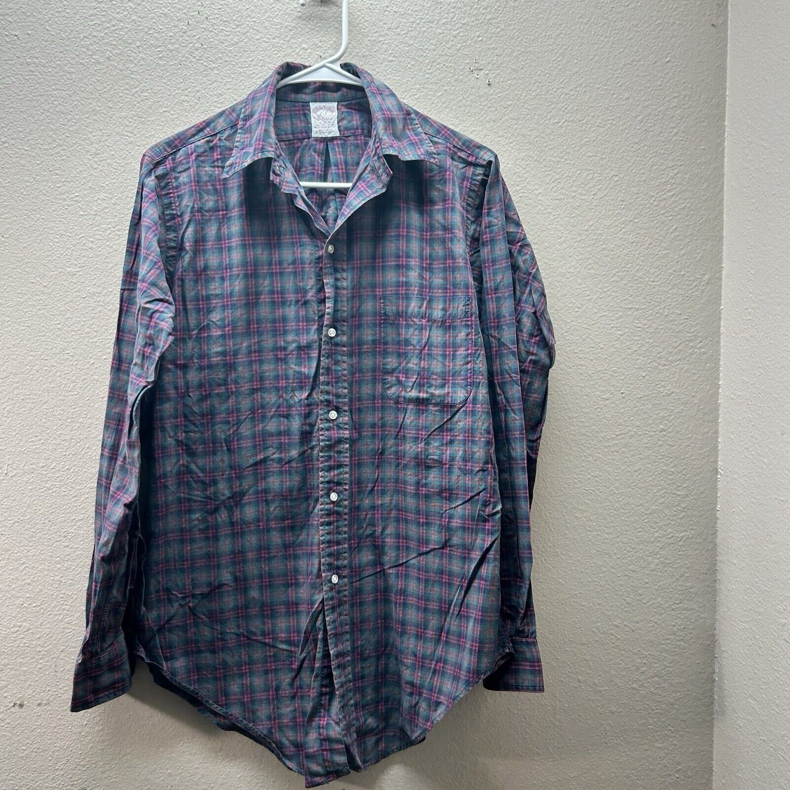 60s Vintage Brooks Brothers Green Navy Red Tartan Plaid Shirt 15.5 USA Cotton