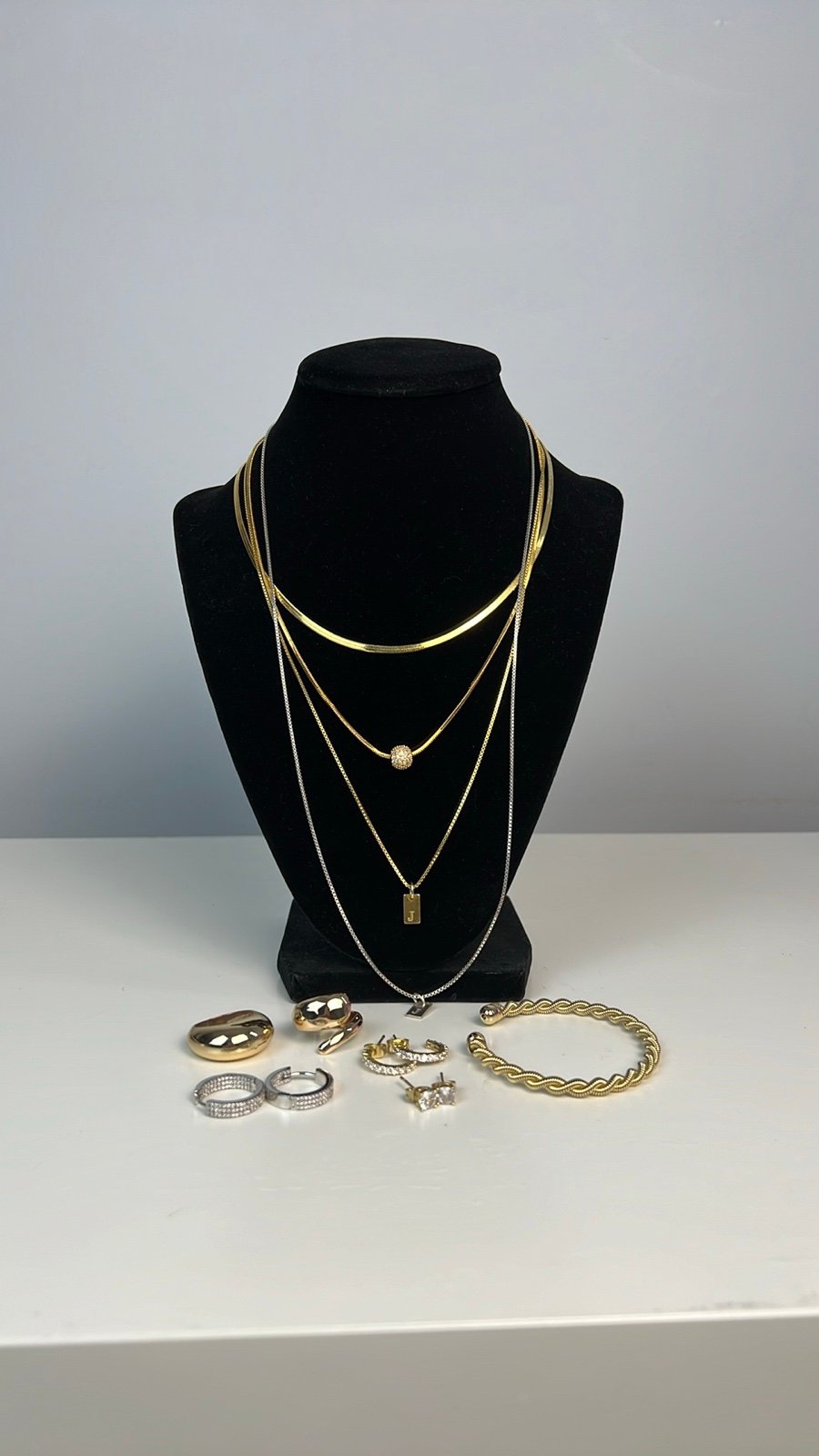 18K Gold Finish Herringbone and J Initial Necklaces Gold Silver Jewelry Bundle