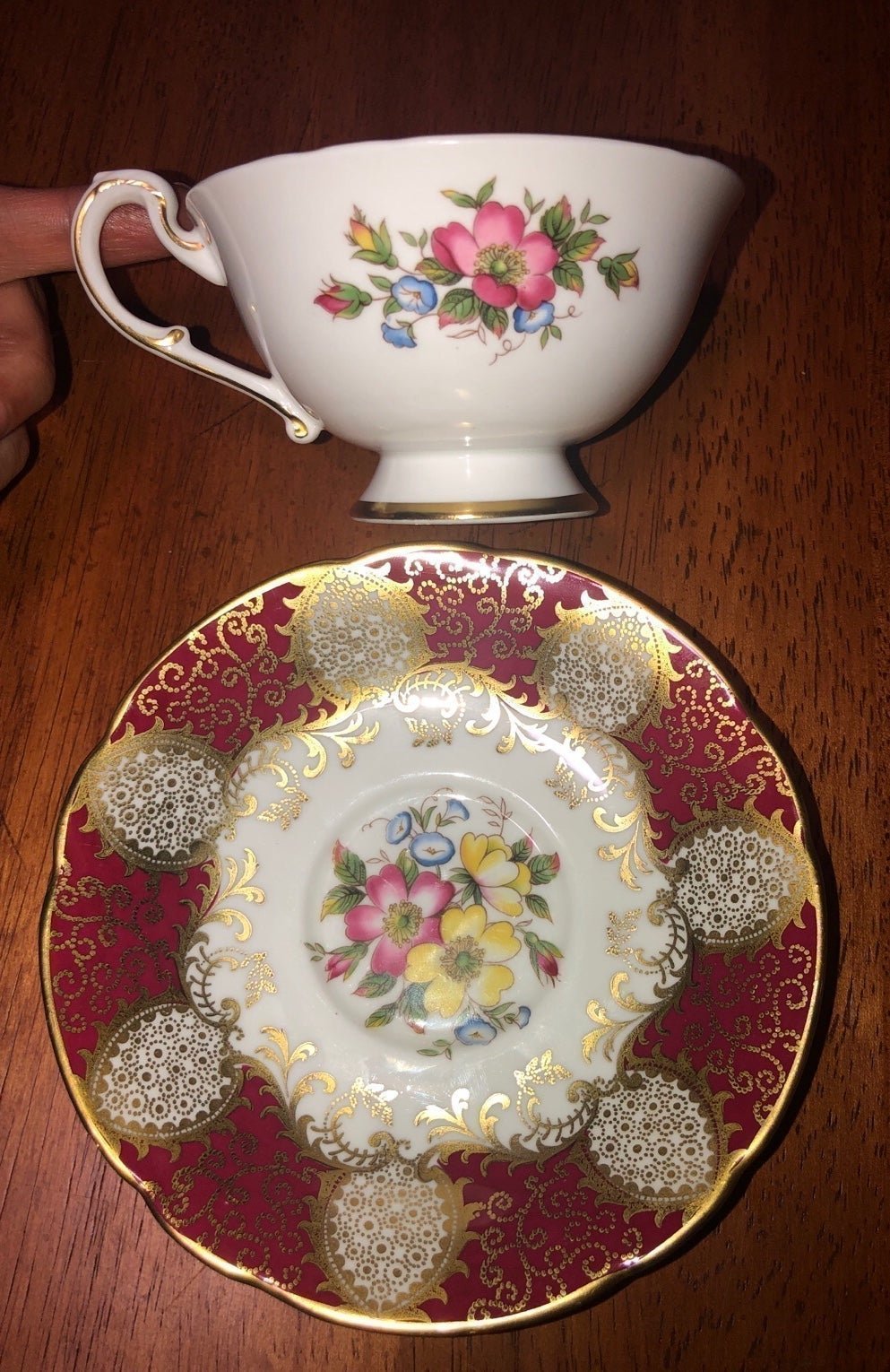 Vintage Paragon Wine Red Gold Paisley Floral Bouquet Tea Cup And Saucer Set