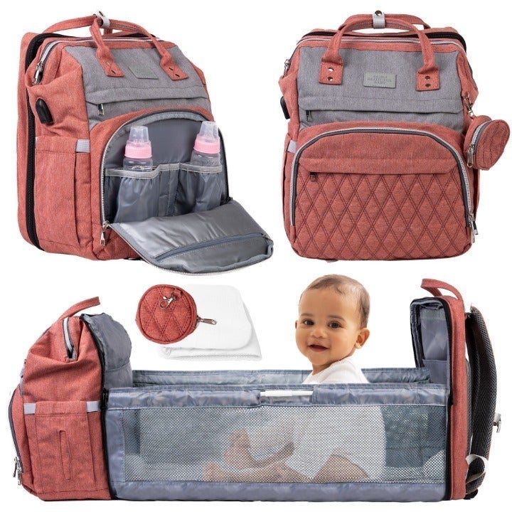 Diaper Bag Backpack with Changing Station/Foldable Bassinet.Pink Baby Travel Bag