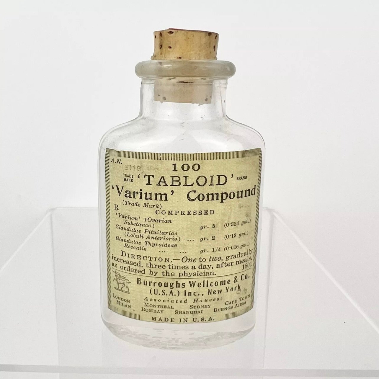 Antique Tabloid Varium Compound Medicine Bottle Wellcome & Co Corked Pill Bottle