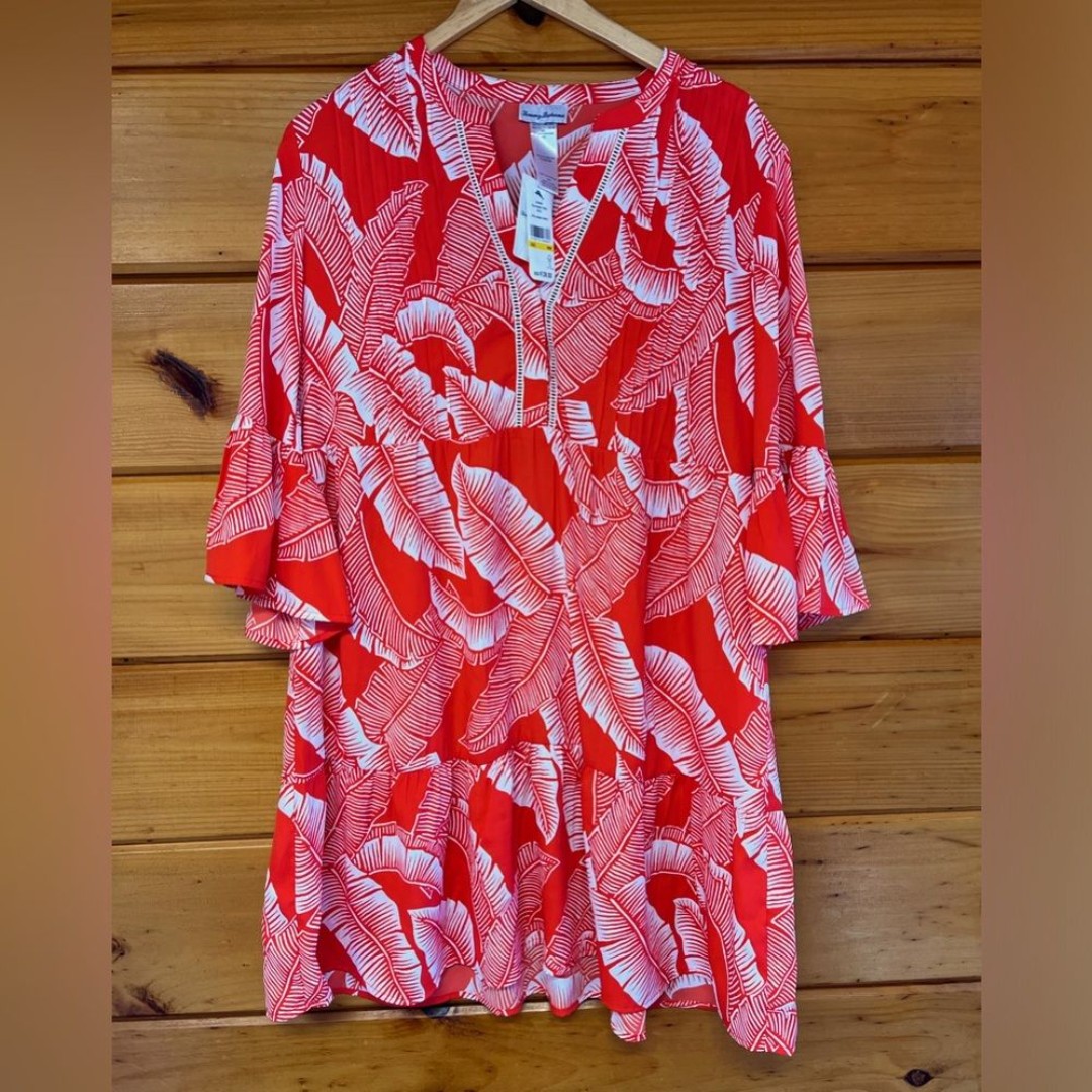138 Tommy Bahama Medium V Neck 3/4 Sleeve Palm Grande Tiered Mini Dress