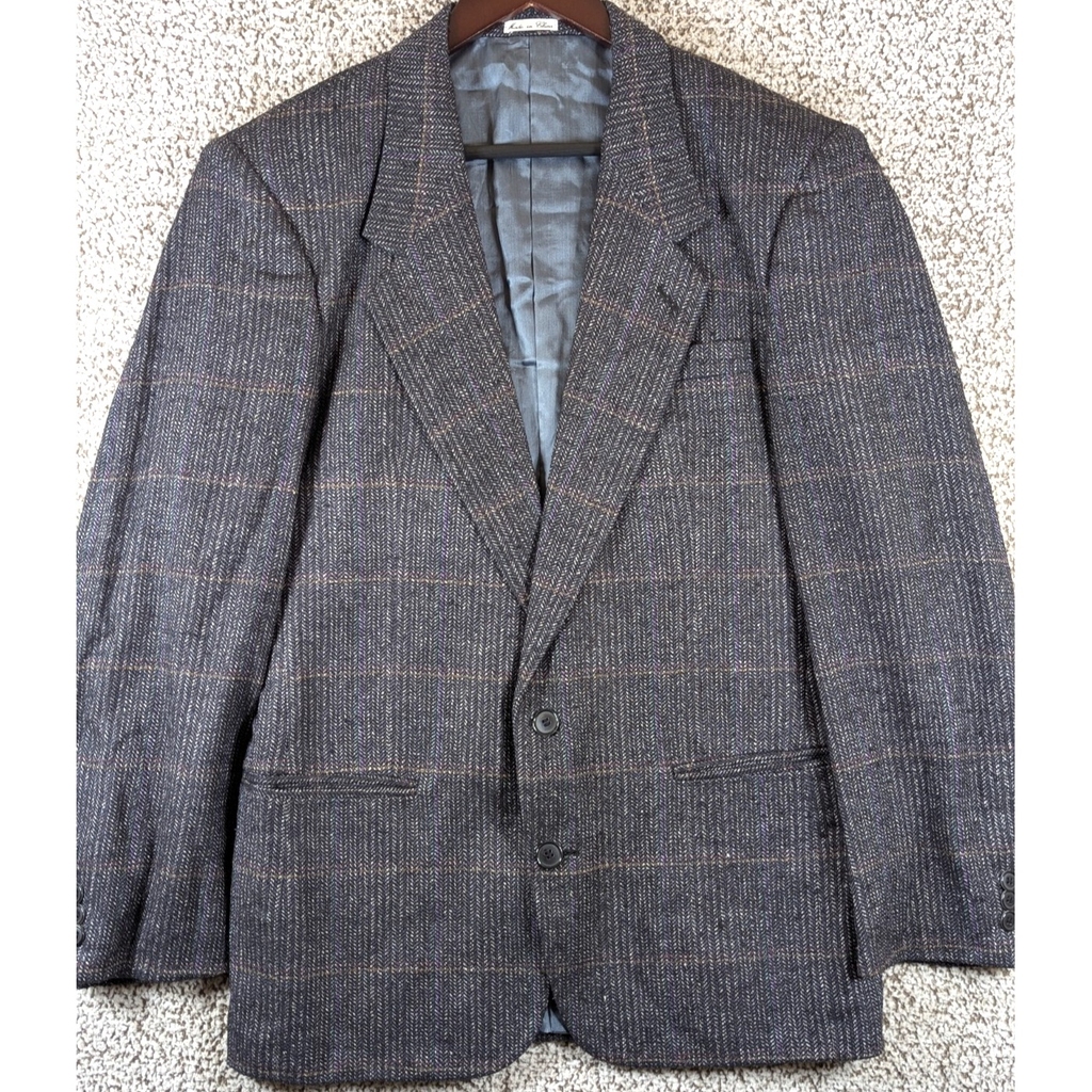 100 Percent Silk 2 Button Blazer Coat By Cellini Men's 40R Charcoal Windowpane