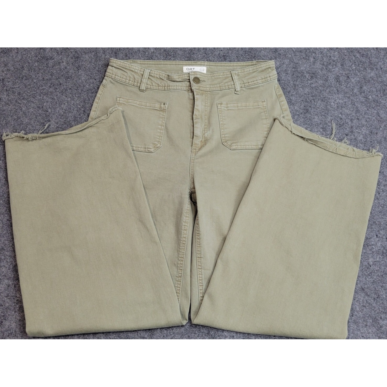 OAT New York Pants Womens 10 Green Wide Leg Raw Hem High Rise Boho Minimalist