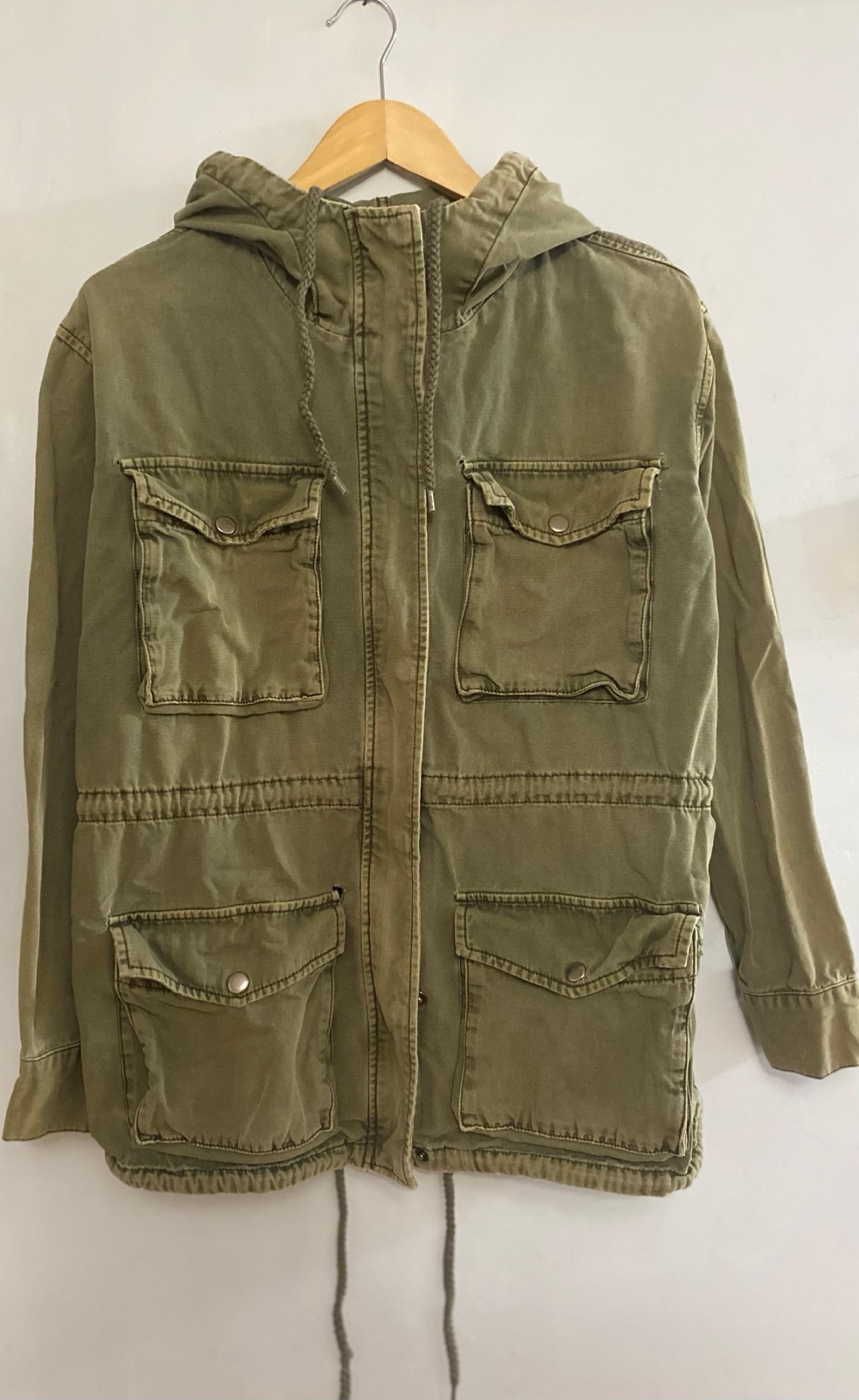 Urban Outfitters Distressed Cargo Jacket with Hood, Army Green, Size Small