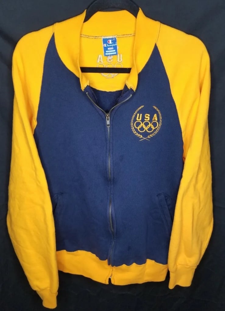 Rare Vintage 90s Champion USA Olympics Varsity Sweater L Yellow Blue Full Zip