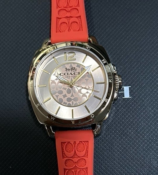 Coach Boyfriend 14502094 Watch With 34mm Golden Face & Orange Rubber Strap.
