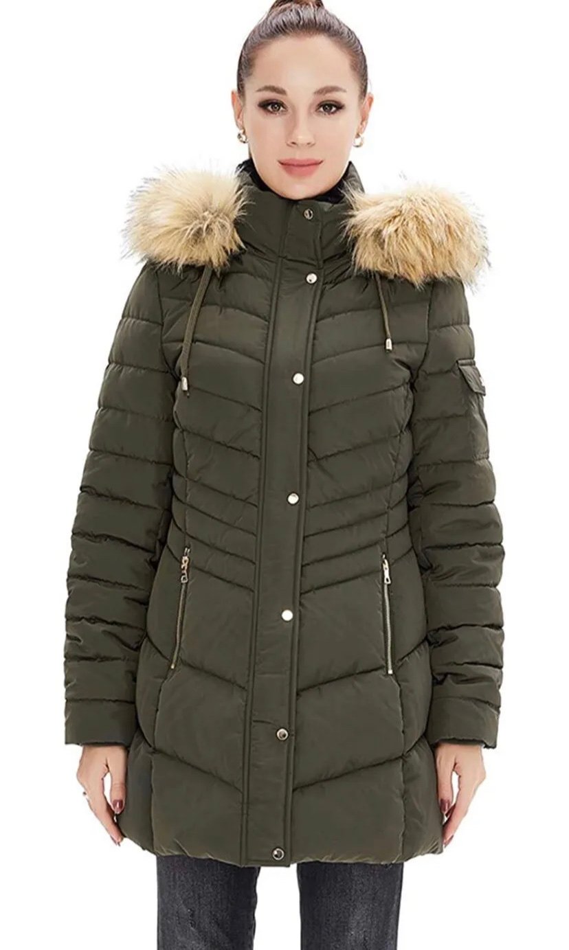 NWT Polu Womens Thicken Down Jacket with Removable Fur Trim Hood, Army Green XXL