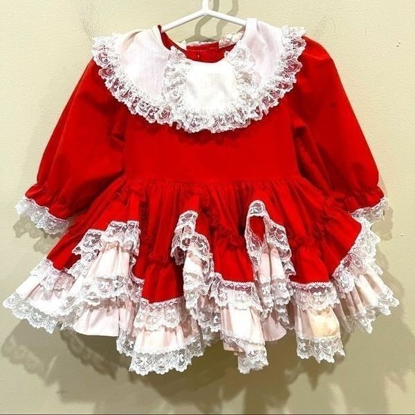 Vintage Lil Dolly’s Christmas Red White Ruffle Lace Petticoat Dress 12 months
