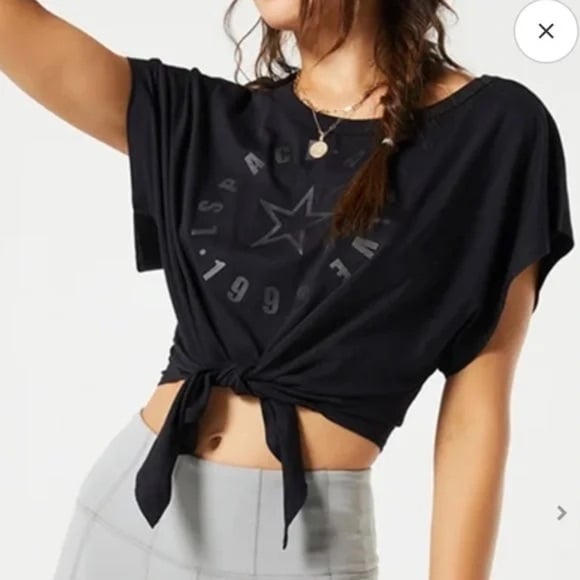 NWT L Space Go For It Activewear Athletic Crop Top Black Tie Waist Sz L