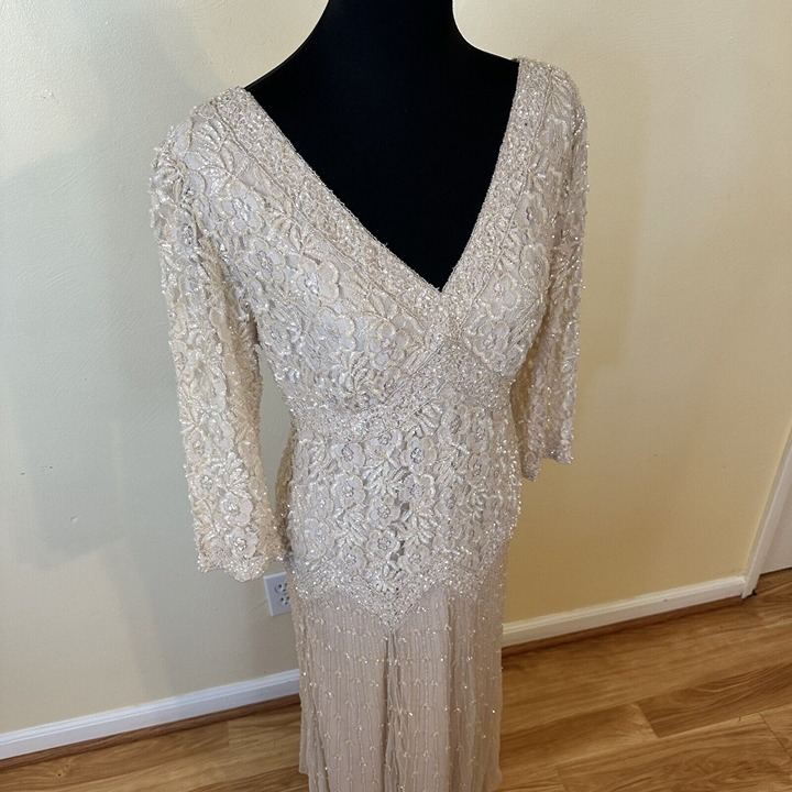Pissaro Nights Womens Beaded Peach Evening Dress Midi 3/4 Sleeve V Neck 14P Med