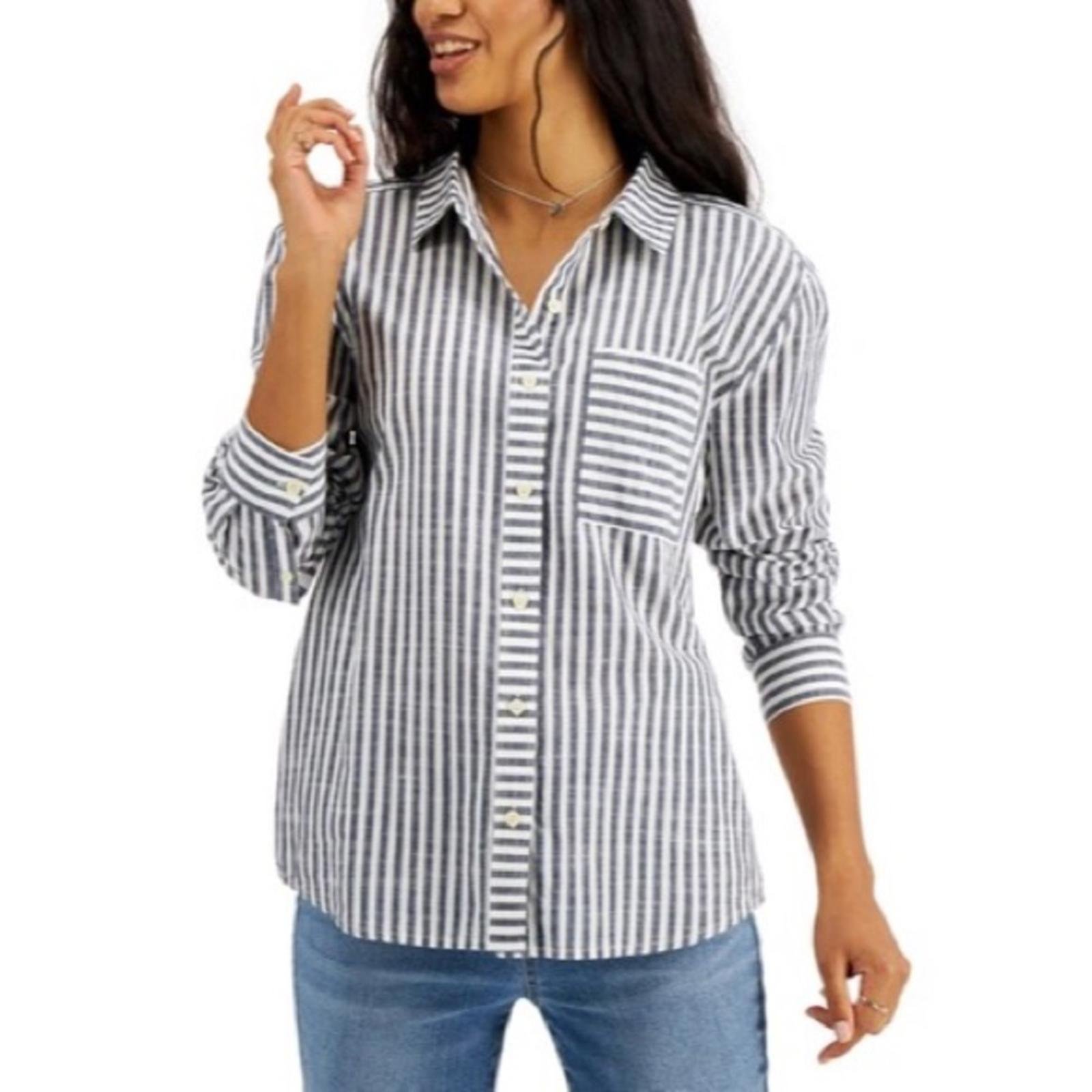 Style & Co Cotton Striped Boyfriend Shirt Antique Blue & White Size XL New w/Tag