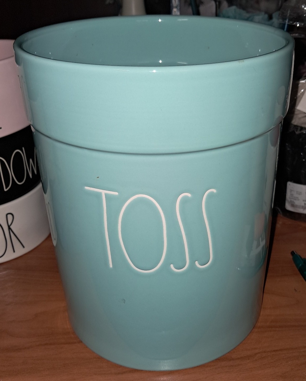 New! Rae Dunn Tiffny Blue TOSS ceramic waste basket