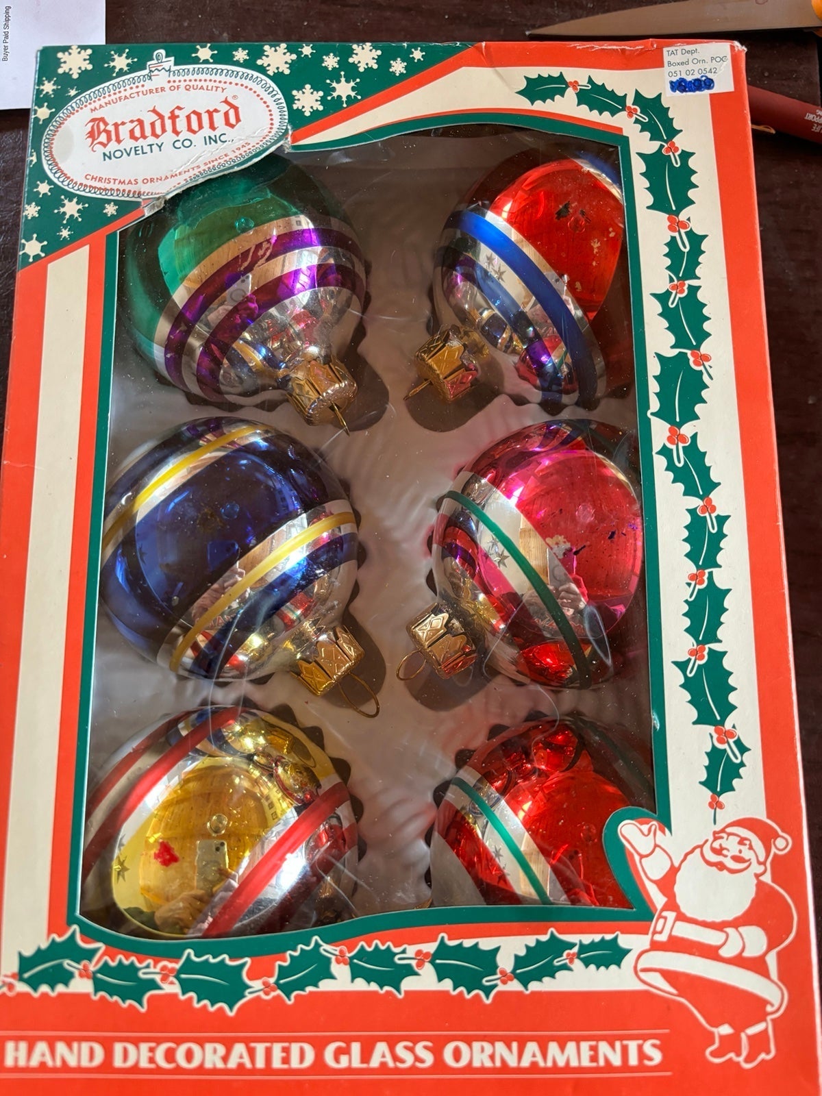 Christmas vintage Set of 6 glass 3” hand decorated round ornaments