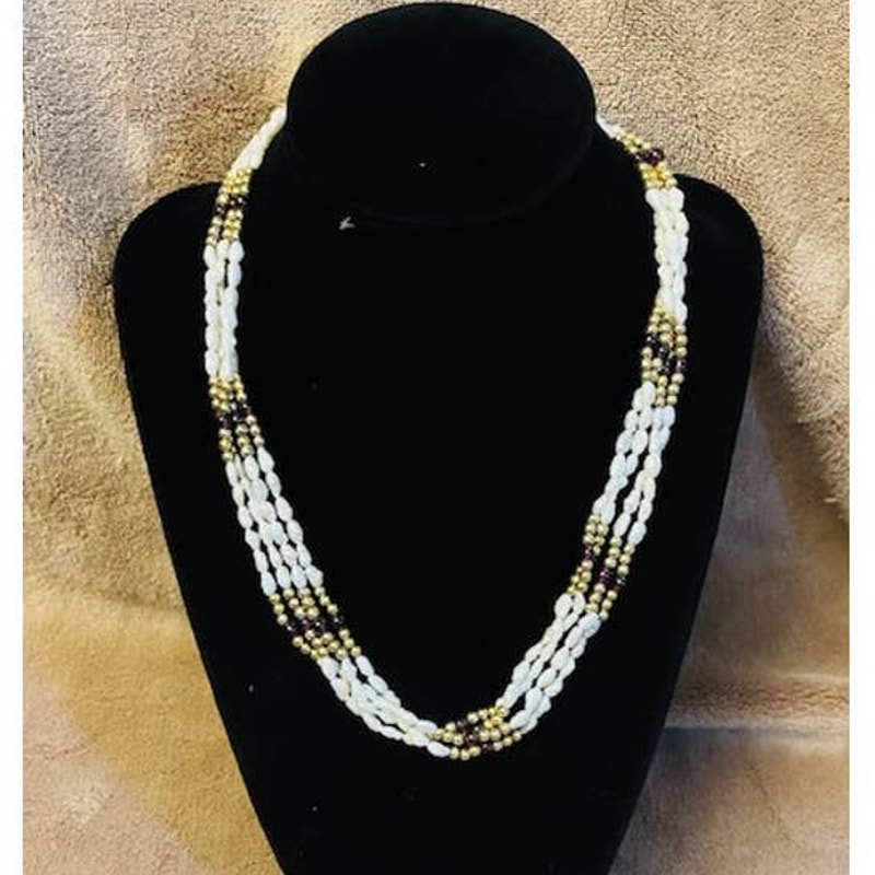 Vintage Multi-Strand Iridescent Rice Pearls, Amethyst & Gold Bead 16 Necklace