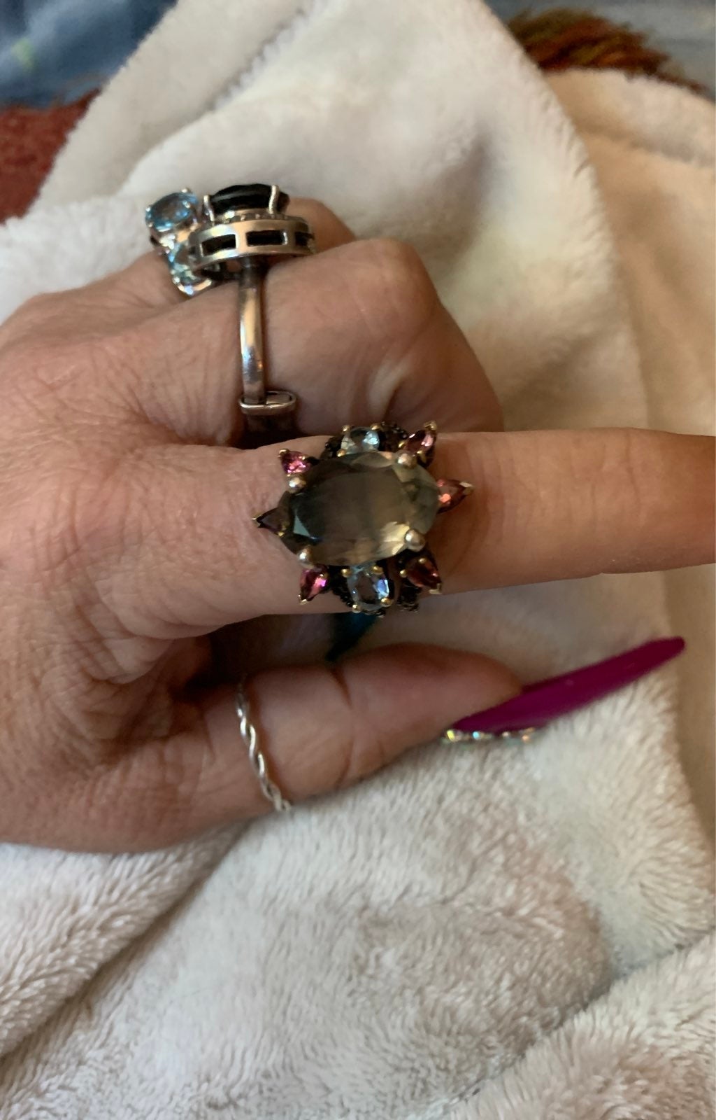 Rhodium black SMOKEY QUARTZ !! 8 1/2 size ring