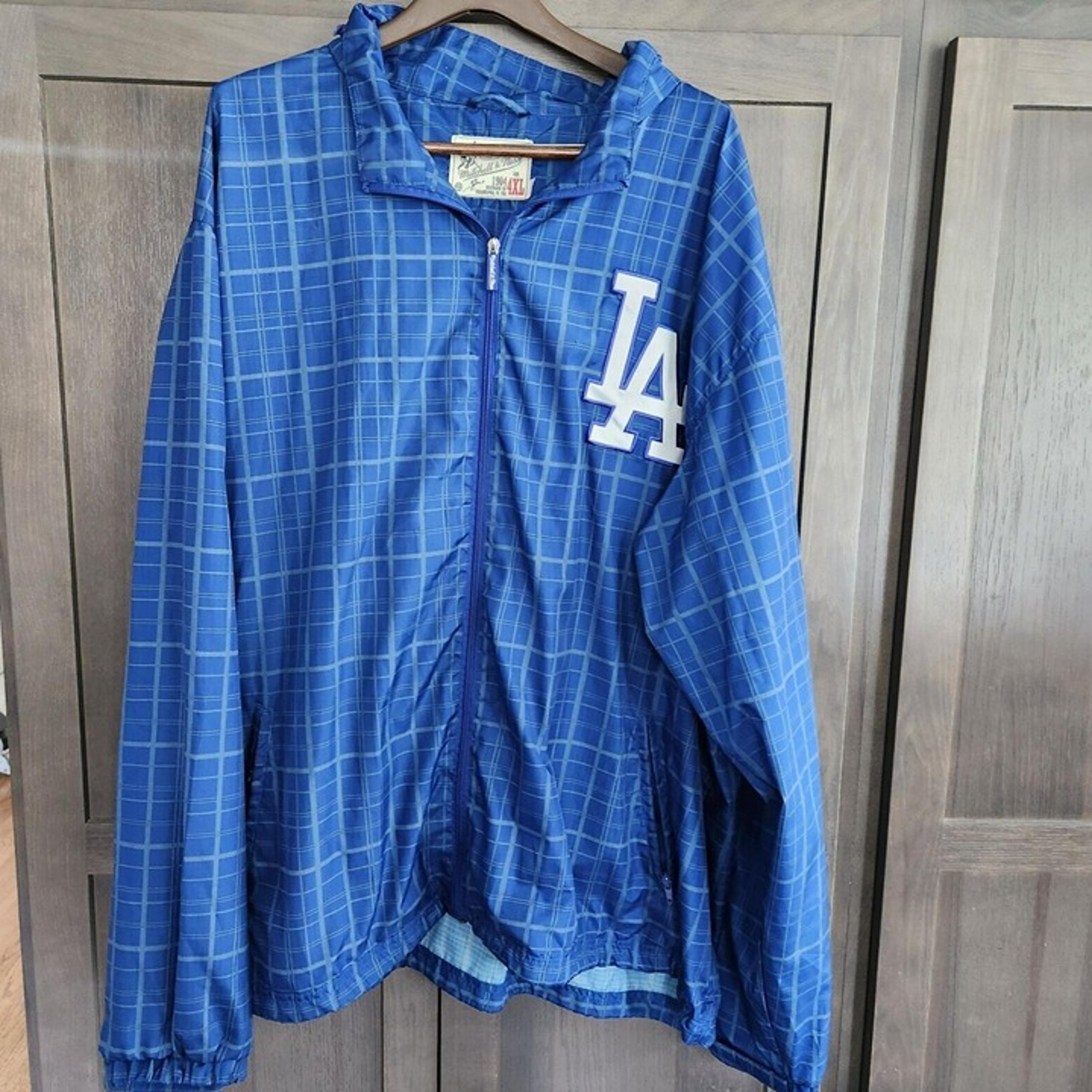 Mitchell & Ness LA Dodgers MLB Blue Plaid Windbreaker Jacket Hood Mens Size 4XL