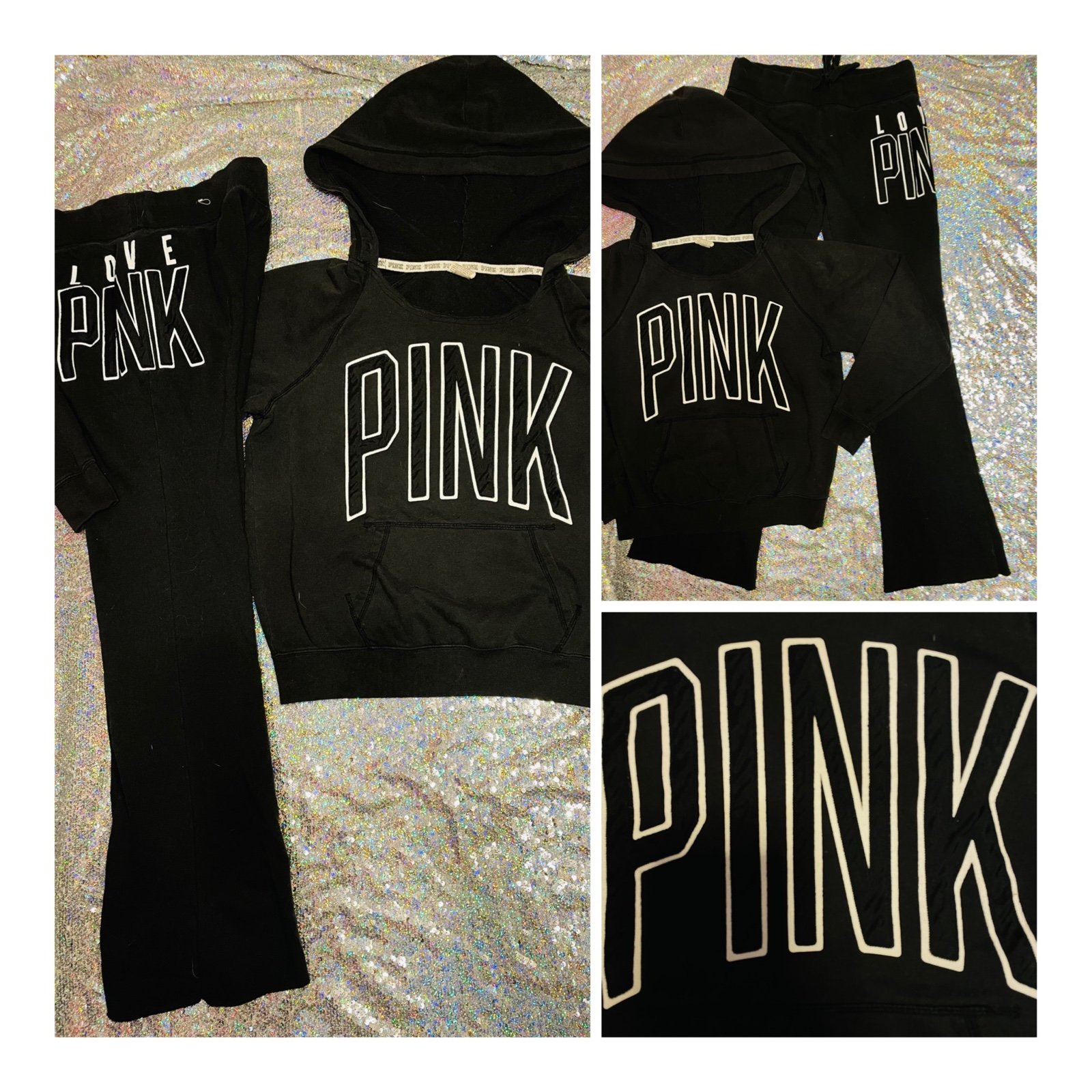 VS PINK vintage embroidered black flare pants hoodie pullover outfit set