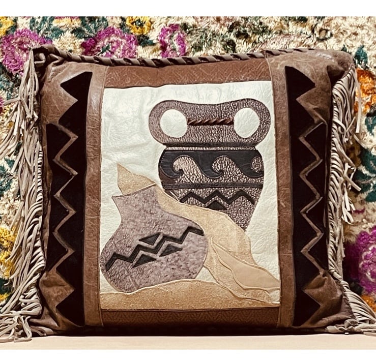 Vintage Southwest Western Real Leather & Suede Fringe Waterpots Appliqué Pillow