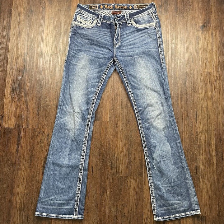 Rock Revival Easy Boot Cut Jeans Women 30 Blue Dark Wash Rhinestone Sequin