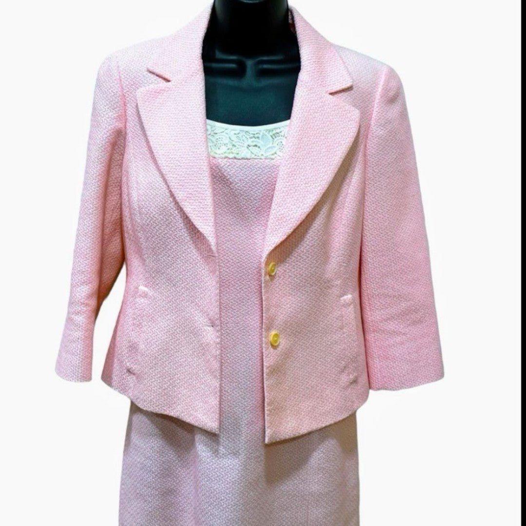 W by Worth Womens 2 Dress Suit Tweed Pink White Lace Fully Lined Zip Back READ
