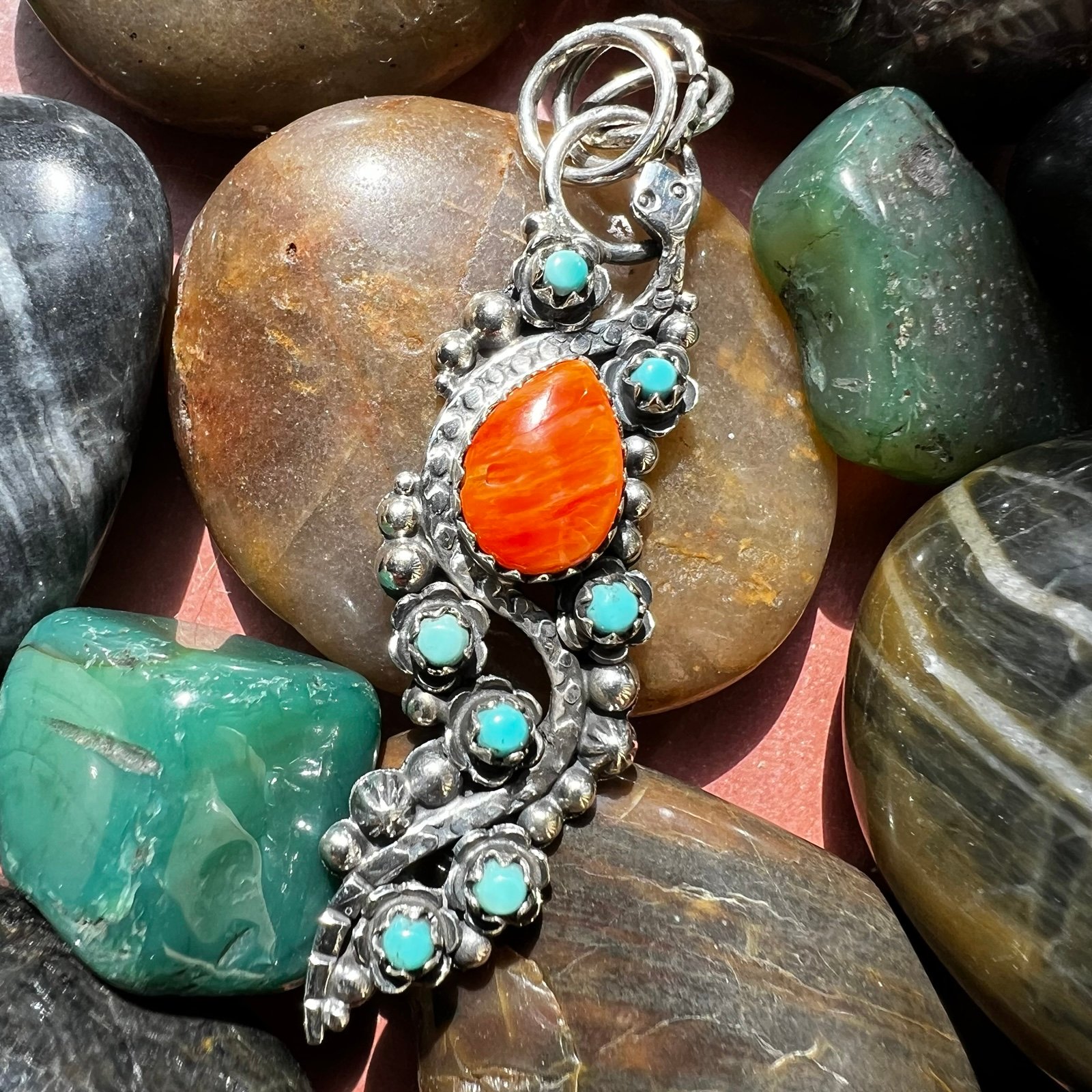 925 Sterling Silver Multi Stone, Spiny Oyster & Kingman Turquoise Snake Pendant