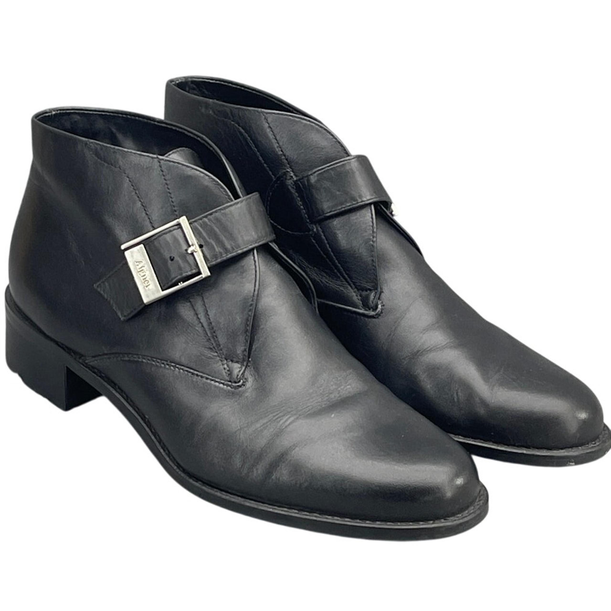 Etienne Aigner Black Leather Silver Buckle Block Heel Ankle Bootie Women 8.5