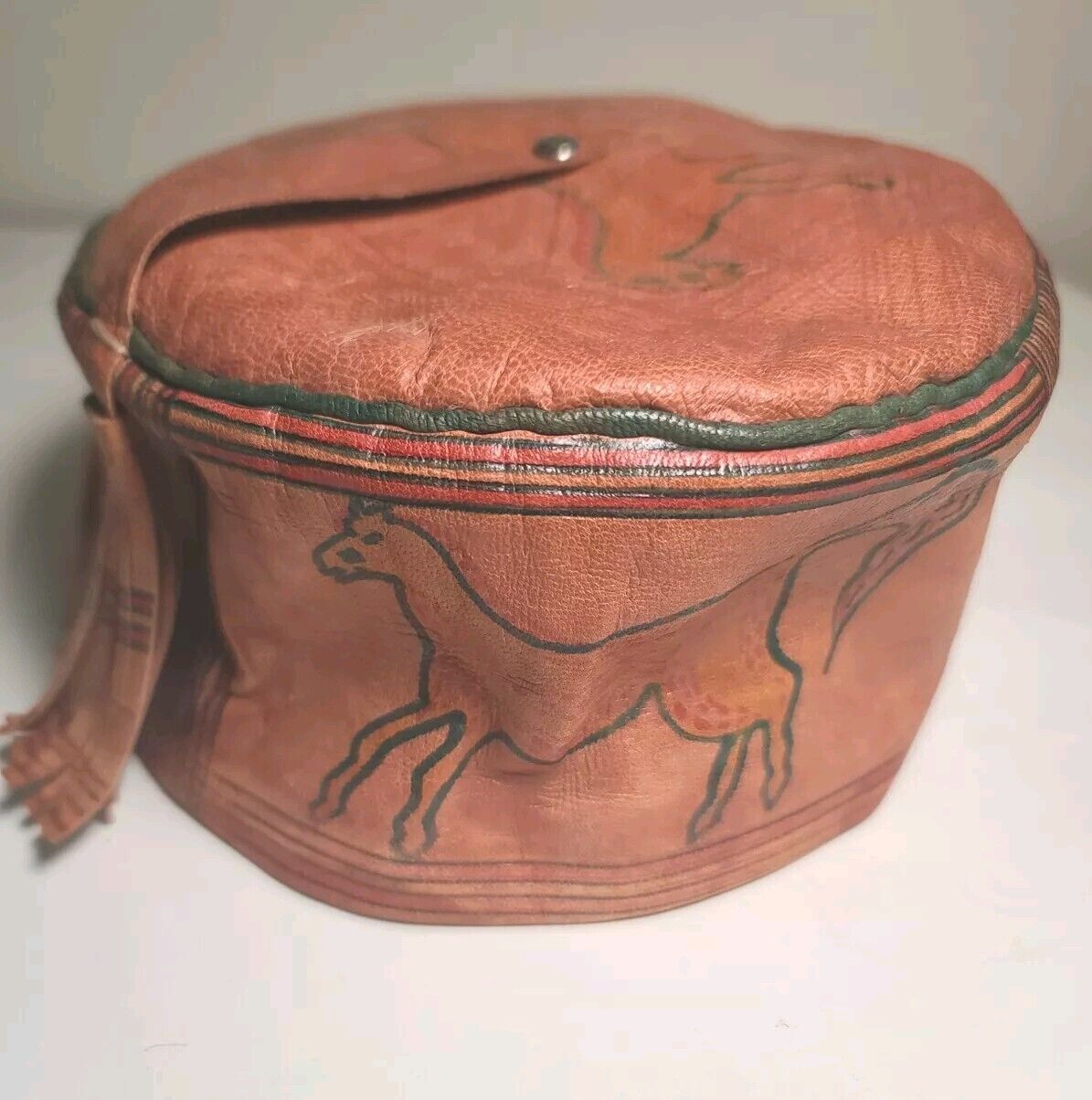 Vintage Mens Leather Kufi Skull Cap Hat Kufi Leather KUFI Tassel Horse