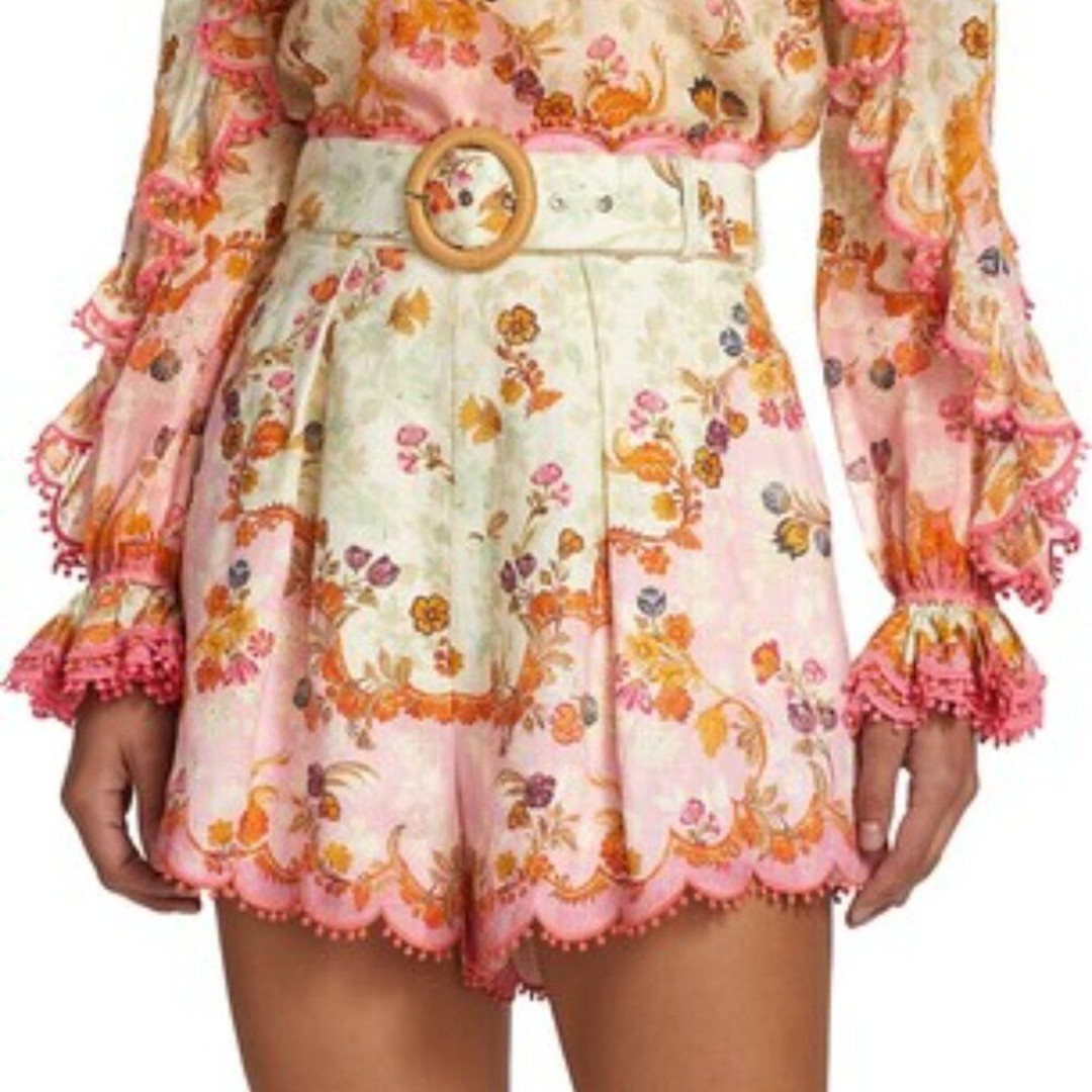 Zimmermann Laurel Pink White Linen Scalloped Floral Shorts Belt Size AU 3 US 10