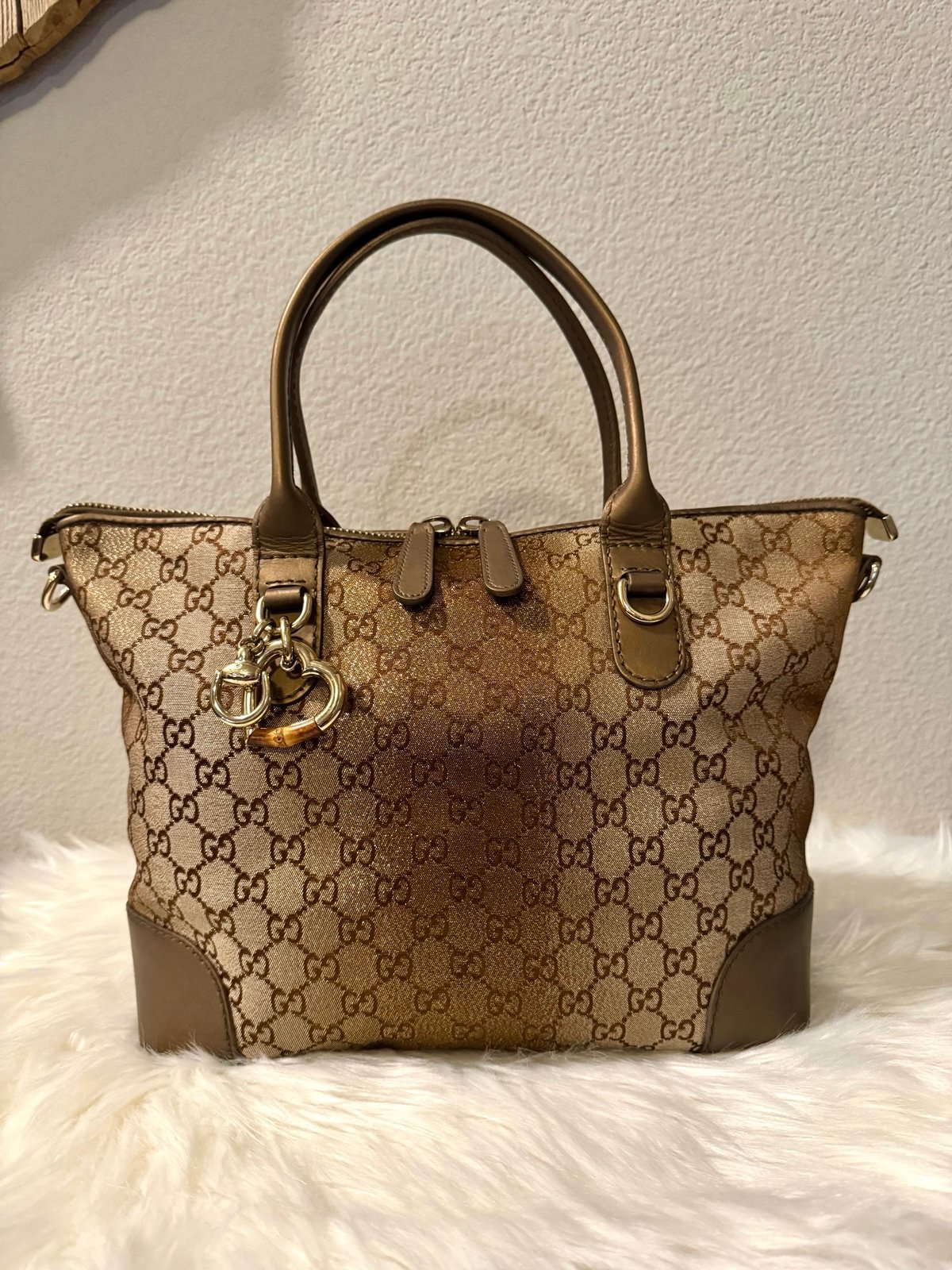 Gucci GG Monogram Lurex Heart Bit Charm Top Handle Zip Tote (Bronze)