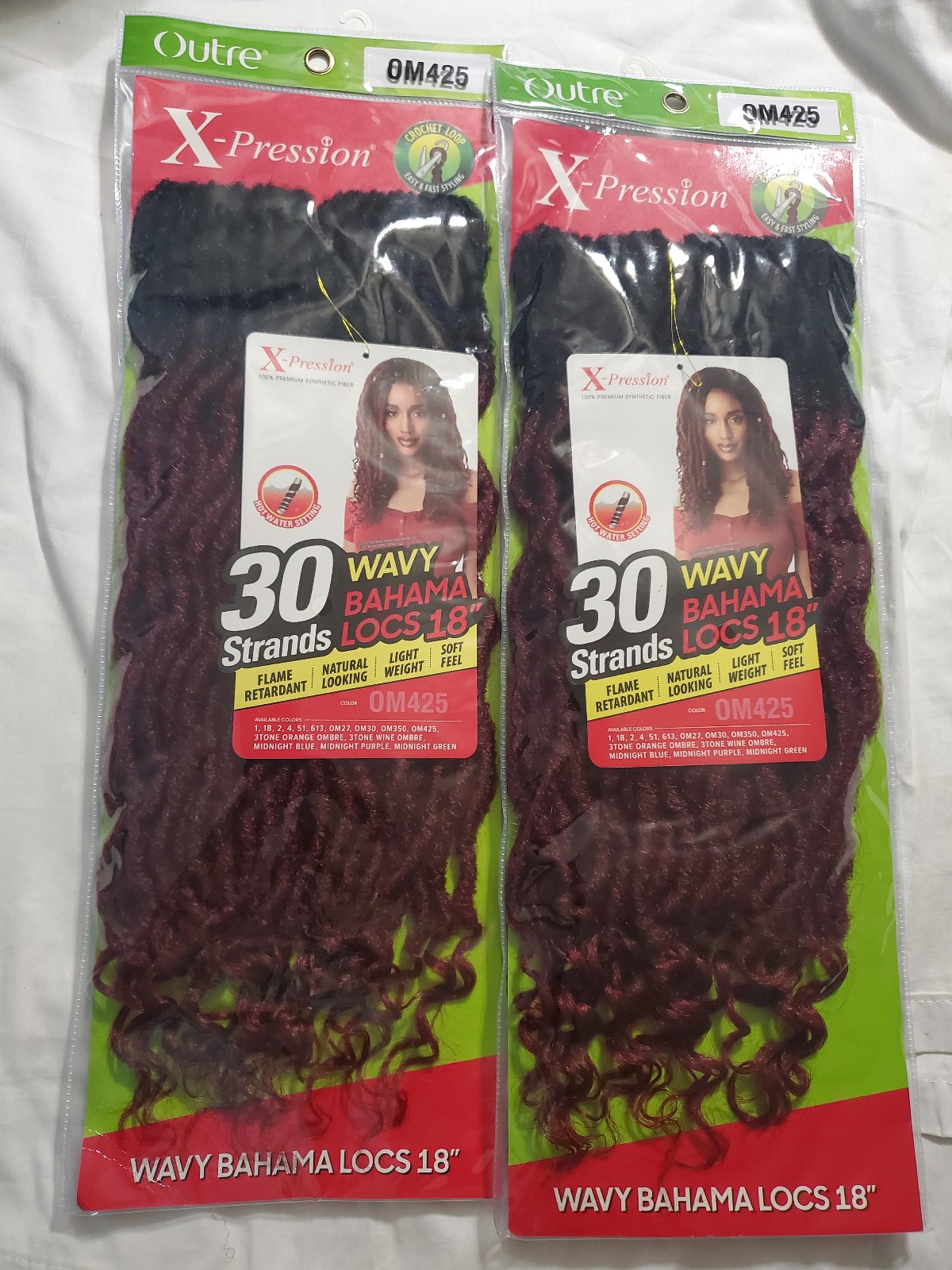 : 2 pks of 18 x-pression wavy Bahama locs in color OM425 30strands in each pack