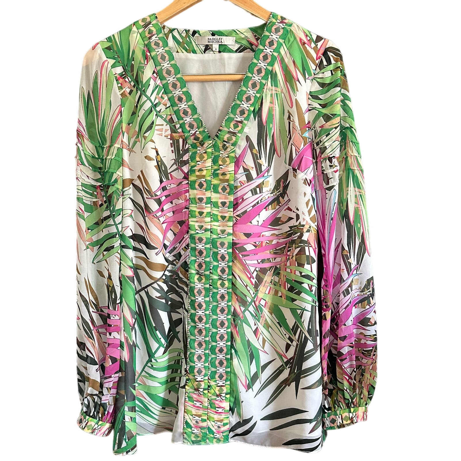 BADGLEY MISCHKA | Tropical Print V Neck Tunic Shirt with Peasant Sleeves | Sz 4
