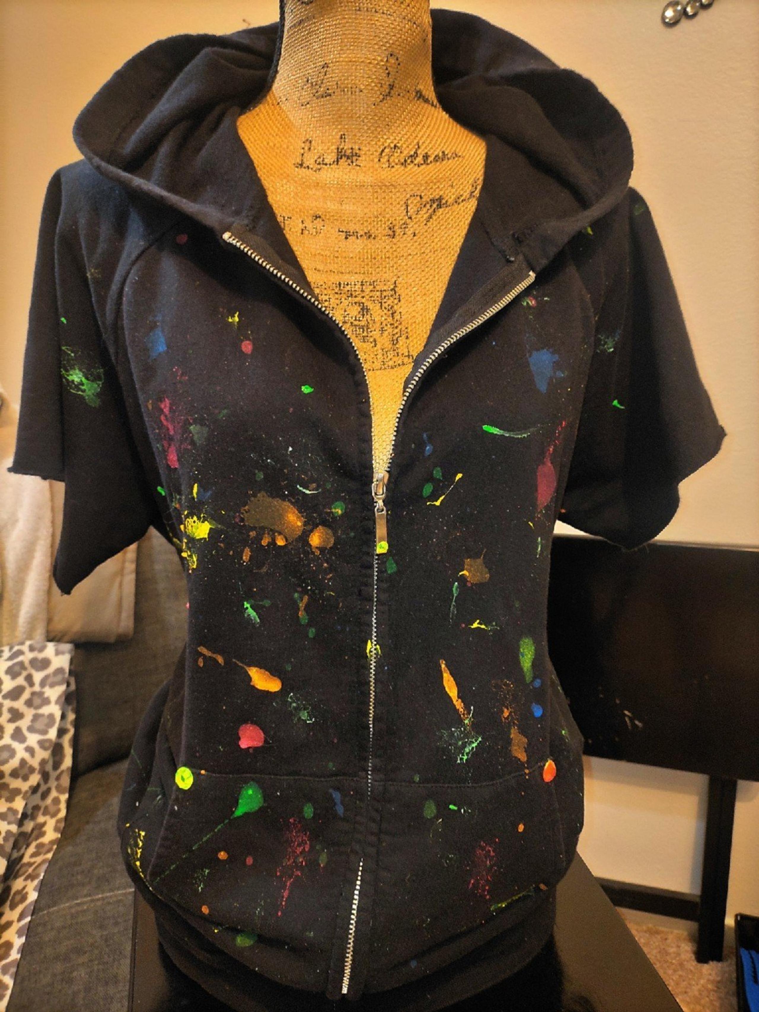 Black Neon Paint Splatter/Graffiti Raw Edge Short Sleeve Zip Up Hoodie